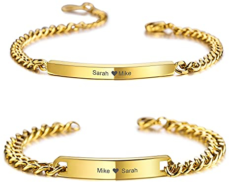 MunkiMix 2 Stück Personalisierte Paar Armbänder Set Benutzerdefinierte Gravur Name für Männer Frauen Freund Freundin Edelstahl Bar Einstellbar Bordstein Link Liebe Beziehung Valentinstag (Gold Farbe)