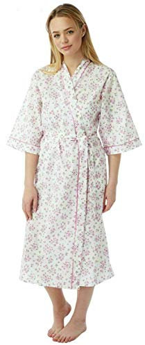 Ladies Cotton Floral Print Night Gown Soft & Comfortable Loungewear Women's Robes Wrap with Tie Belt Short Sleeve Ladies Dressing Gowns for Women UK Sizes 10-30, MN18 (Pink, 24-26)
