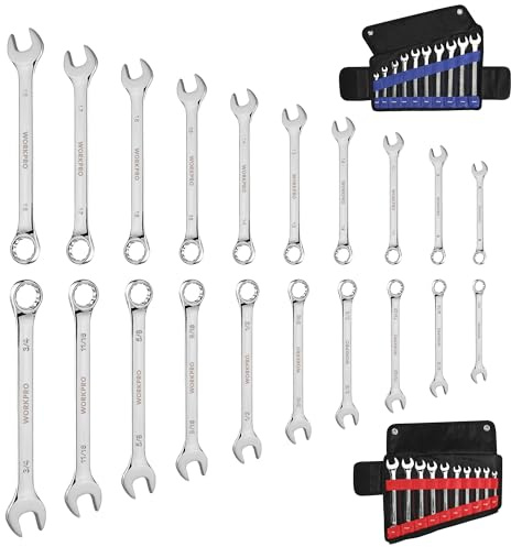 WORKPRO 20-piece Combination Wrench Set, Metric 6-18mm & SAE 1/4”- 3/4”, Cr-V Steel, 12-point Wrenches Set with 2-in-1 Rolling Pouch