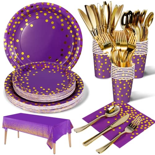 Nkaiso 141pcs Violet Or Party Vaisselle,Kit Vaisselles Anniversaire Assiette Dîner Papier Tasse Serviette Réutilisable couverts, Enfants Party Fête Mariages Baby Shower Noël, 20 invités