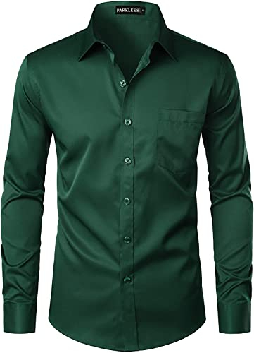 PARKLEES Camicia da uomo a maniche lunghe con bottoni, stile urbano, casual, casual, slim fit, con tasca, Verde scuro, S