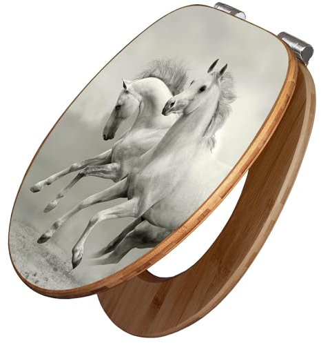 banjado Design WC Sitz Bambus Absenkautomatik 45,8x37,5cm / Toilettendeckel mit Absenkautomatik Holz/hochwertiger Bambus Klodeckel/WC-Sitz für gängigen Toiletten/Motiv Wilde Pferde SW