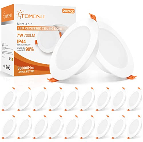 Tomosu LED Einbaustrahler 230V Flach, LED Spot 7W 700LM, IP44 Einbauleuchten für das Bad, Warmweiß 3000K, Ø95-105mm Lochdurchmesser, Deckenspots für Wohnzimmer Küche Schlafzimmer, 20er Set