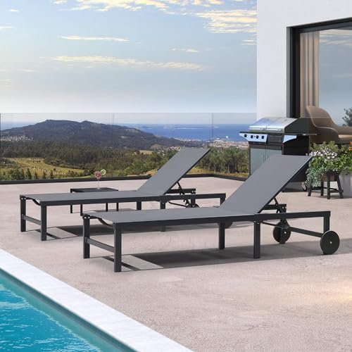 PURPLE LEAF Lot de 2 Chaises Longues de Jardin avec Table, Bain De Soleil Lot Aluminium de 2 roulettes, Transat Piscine Charge Maximal 150 kg, Transat Jardin Extérieur, Gris