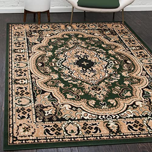 Mazovia Orientalisch Vintage Teppich - Kurzflor - Muster mit Medaillon - Traditioneller Teppich für Wohnzimmer, Esszimmer - ÖKO-TEX Wohnzimmerteppich - Grün 60 x 100 cm