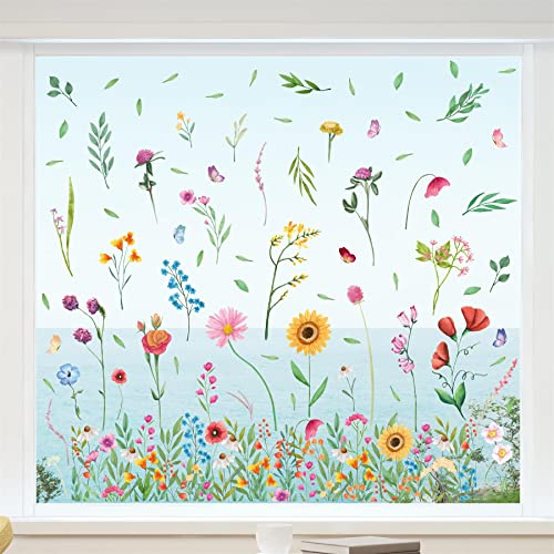 WALPLUS Watercolour Wildflower Meadow Window Stickers, Removable Reusable Double-Sided Glass Clings for Home, Kids Room, Classroom and Seasonal Decor