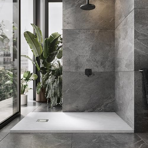 Go Bathrooms 1700 x 800mm White Slate Shower Tray Anti Slip Flat Stone Rectangle Shower Base for Enclosure Cubicle and Wetrooms Cut to Size