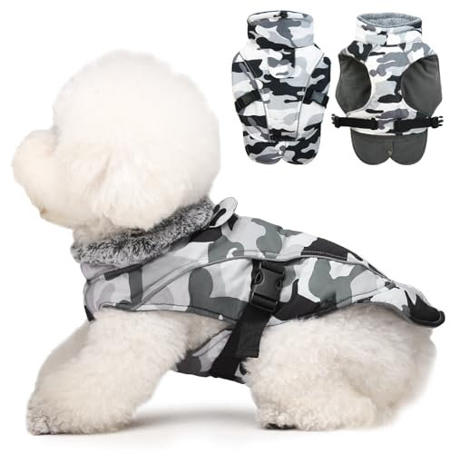 DENTRUN Hundemantel für Kleine Hunde, Hunde Wintermantel, Wintermantel Hund Wasserdicht, Hundejacke mit Leine Loch, Reflektierend Hundejacke, Winddichter Wintermantel(Camouflage, S)
