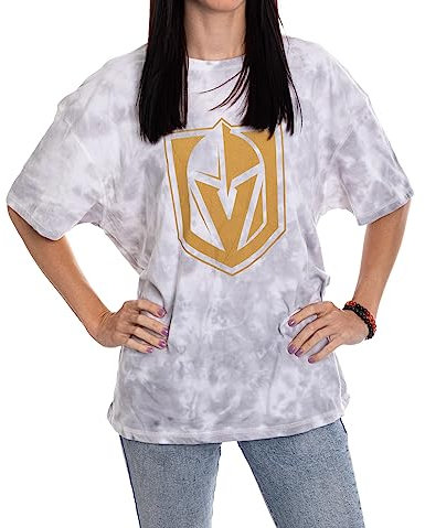 Calhoun NHL Damen-T-Shirt, Übergröße, lockere Passform, tiefer Schulterriemen, Batikfärbung, Rundhalsausschnitt, kurzärmelig, Vegas Golden Knights, Small/Medium