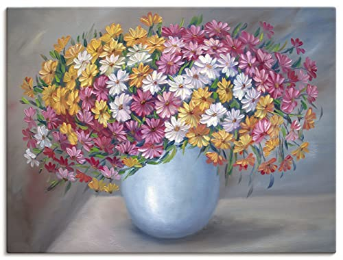 ARTland Wanddeko Leinwand Bilder Wandbild 40x30 cm Stillleben Vase Keramik Pflanzen Blau Blumen Margeriten Kamille U4QB
