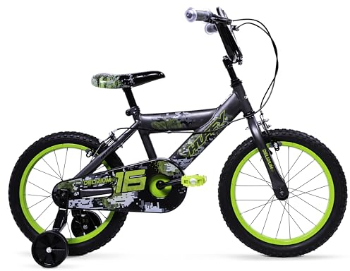 Huffy Delirium 16-Inch Boys’ Bike, Durable Steel Frame, Dual Caliper Brakes, Removable Stabilisers, Single-Speed, Kids’ Bicycle for Ages 4-6, Storm Matte Grey & Lime Green