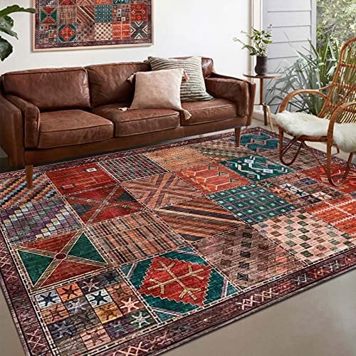 Rug-QJDDUP Tapis de Salon à Poils Ras 120 x 170 cm Coloré, Multicolore Marron Rouge Vert Orange brûlé Jaune Rose Patchwork Vintage Tapis de décoration Chambre Moderne Salle à Manger Cuisine