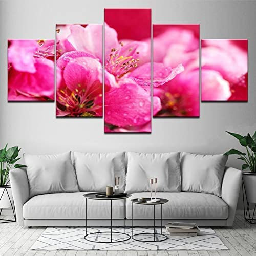 Boutique Stampe E Quadri Su Tela 5 Pezzi Romantico Fiore Di Pesco Rosa Poster Quadri Moderni Stampa Quadri Edili Immagini Modulari Per Soggiorno (Con Cornice 150 X 100 Cm) -/Camera Da Letto/-2C0C-B9W