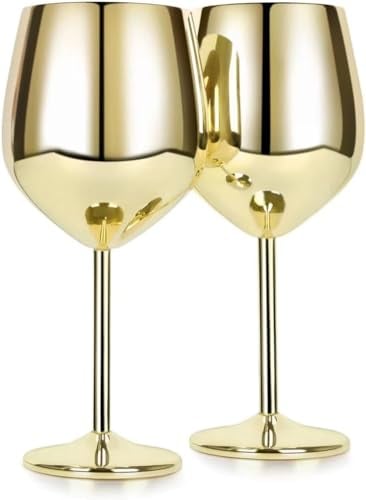 Sandy Beach Gold Brushed Brass Stemmed Elegant Goblet Pair of Wine Glasses - Shatterproof, Unbreakable for Home, Wedding or Any Occasion Set of 2 (500ml)
