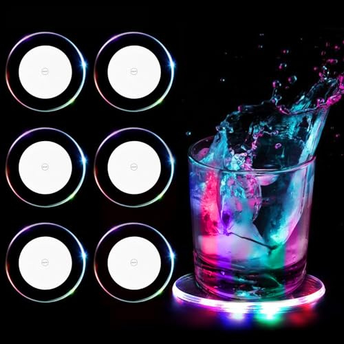 Lot de 6 Dessous de Verre LED Lumineux 6 Couleurs de lumière Lumineux pour Boissons en Acrylique Étanche Rond pour Verres Bouteilles fêtes Mariages Bar Noël pub Anniversaire