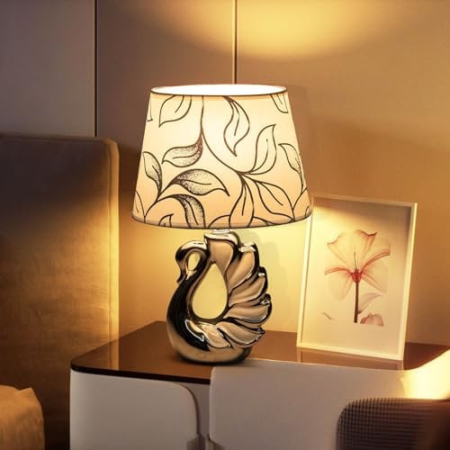 Aigostar Tischlampe aus Keramik, Vintage Tischleuchte mit Stoffschirm, E14 Fassung, max.40W, Moderne Nachttischlampe, Nachtlicht für Schlafzimmer, Wohnzimmer, Büro (ohne Leuchtmittel) - H310mm