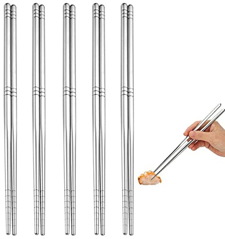 Tsffae Baguettes en Acier Inoxydable, 5 Paires de Baguettes métalliques réutilisables, Nourriture Japonaise, Baguettes Chinoises en métal antidérapantes, Design Anti-Chaud