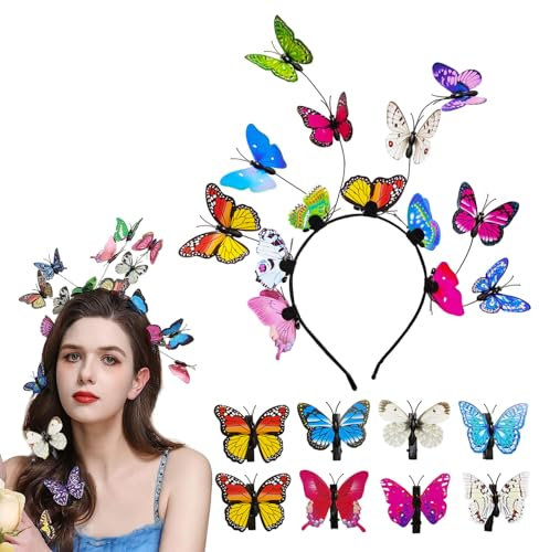 EUPSIIU Bandeau Papillon et 8 Pièces Barrette, Serre-Tête, Pinces Fée Accessoire De Cheveux pour Femmes Filles - Carnaval Fête