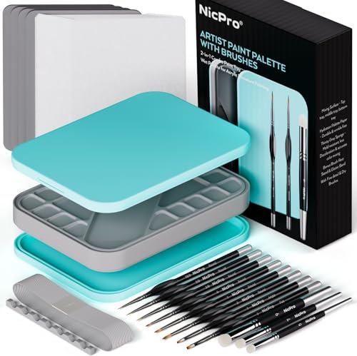 Nicpro Paleta Pintura, 11 Pinceles miniaturas, Pincel seco, 100 Papel de Paleta humeda, 4 esponjas, portapinceles, para Mezclar y Ahorrar Pintura, Pintar miniaturas