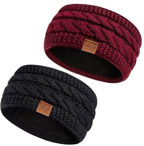 Hatromm Winter Headbands for Women Wool 2 Pack, Ear Warmers for Women Knitted Thick Fleece Lined, Headbands for Women's Hair Cold Weather Warm Ear Muffs(Black+Burgundy)