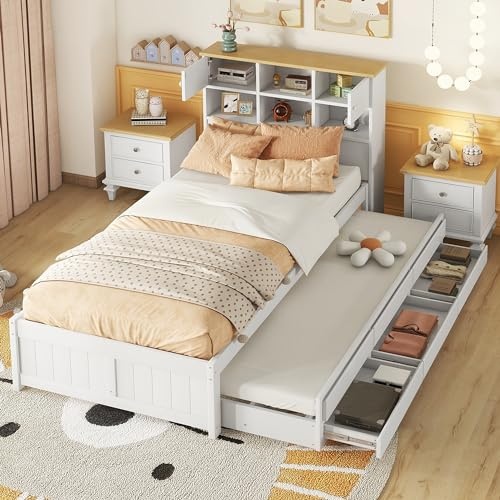 TaiEnjoy Kinderbett 90x200, Einzelbett mit Rollbett, Bett mit Stauraum Kopfteil, Ausziehbett mit Stauraum, Kiefernholz Jugendbett mit Lattenrost für Kinder und Jugendliche, Weiß