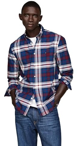Tommy Hilfiger Long Sleeve Oxford Regular Fit, Men's Button Down Shirts, Also Available in Big and Tall, Deep Indigo/Rouge Check, XS