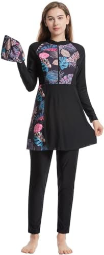 Women's 3-Piece Burkini Modest Swimwear Full-Coverage Rash Guard Long Sleeve Swim Top with Pants and Hijab Tankini Set Summer Beachwear in Black | Free Compressed Towel Included! (L)