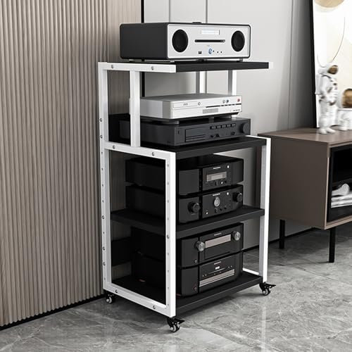 GUAWJRZDP Rack Audio In Legno, Rack Hi Fi Con Ripiano Regolabile In Altezza, Mobile Stereo Hi Fi Rack Hi Fi, Mobiletto Stereo Aperto, Torre Portaoggetti Audio Rack for L'intrattenimento(White+black,4-