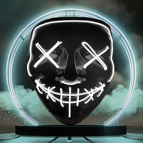 Retoo Halloween LED Maske mit 3 Beleuchtungsmodi, Scary Neon Purge im Dunkeln Leuchtend für Herren & Damen, für Kostümspiele, Feste, Cosplays, Karneval und Partys (White)