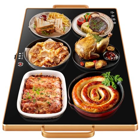 Warming Trays for Buffets Party, 32x18, Tempered Glass Food Warmer, Black | Keep Food Warm, Gold Handles Food Warming Mat for Daily Use, With Thermostat, Button Temperature Control, Full Surface Warm