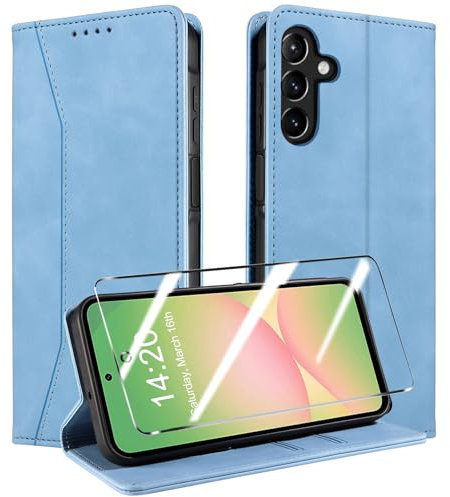 QHOHQ Funda para Samsung Galaxy A56 / A36 5G + Protector de Pantalla, [Protección RFID] Avanzado PU Piel Carcasa, [Ranura], Cierre Magnético, Tapa Antichoque - Azul Claro