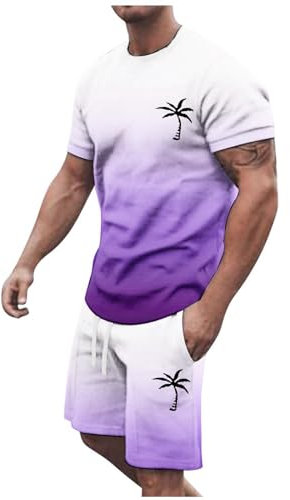 Set di tuta da uomo con stampa di palme Angels, tuta per il tempo libero, maglietta girocollo + pantaloni corti, tuta estiva da jogging, 2 pezzi, Hawaii a maniche corte, tuta sportiva, 2 pezzi, Lilla,