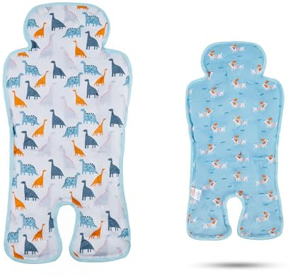 LAT Sommer Sitzauflage für Kinderwagen, Reversible Sommer Sitzeinlage für Kinderwagen, Sommer Sitzauflage für Buggys Kinderwagen Babyschale (Dinosaurier+Hund)