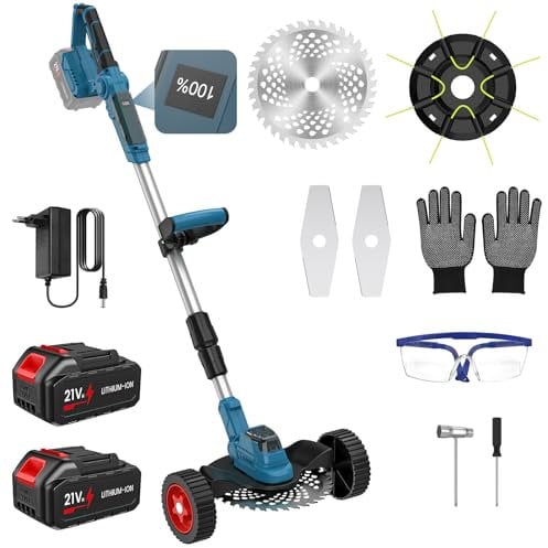 Decespugliatore a Batteria, Tagliabordi Elettrico senza Fili con 2 Batterie 3,0 Ah, 3 Tipi di Lame, Motore senza Spazzole, Ruote Rimovibili, Asta Telescopico, Schermo LCD, per Giardino e Prato
