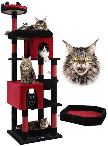 Globlazer Árbol Rascador para Gatos Gótico Negro Rojo, Árboles para Gato Alto 183 cm con Cama Ataúd Nidos Plataformas Cesta, Clásico Torre para Gatos Grandes Adultos Descansar Jugar (S72, Gótico)
