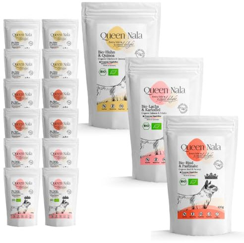 QUEEN NALA - Nourriture humide bio de qualité supérieure pour chats - Bœuf + poulet + saumon : nourriture pour chat de qualité supérieure sans additifs, sans céréales et sans sucre. Monoprotéine