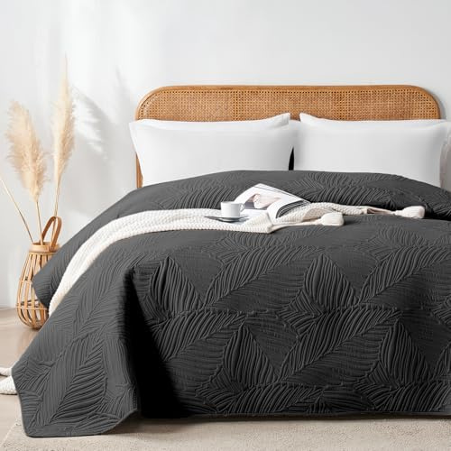 VIVA FINO Tagesdecke 240x260 cm,Schwarz Ultrasonic Steppdecke,Leicht,Weich und Pflegeleicht,Doppelseitig,Bettüberwurf mit Blattmuster,Ideal für alle Jahreszeiten,Für Bett und Sofa