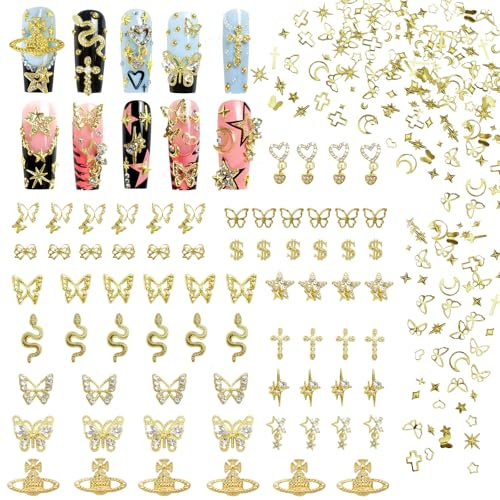 Laza 370pcs Gold Nail Charms Y2k Alloy Nail Art Charms 3D Snake Butterfly | Nail Rhinestones Gothic Gold Multi-Shapes Metallic Studs Nail Art Jewelry Crystal Glitter for Nail Design
