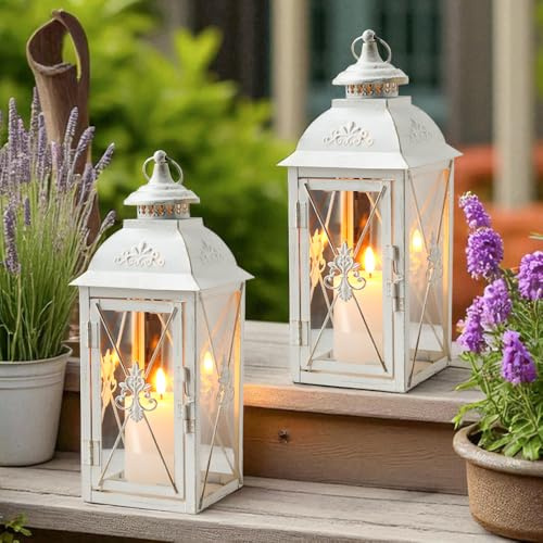 TRIROCKS Set mit 2 Vintage-Hängelaternen – 34 cm hohe dekorative Kerzenhalter aus Metall und gehärtetem Glas – ideal für Veranstaltungen im Innen- und Außenbereich, Terrasse, Garten, Partys