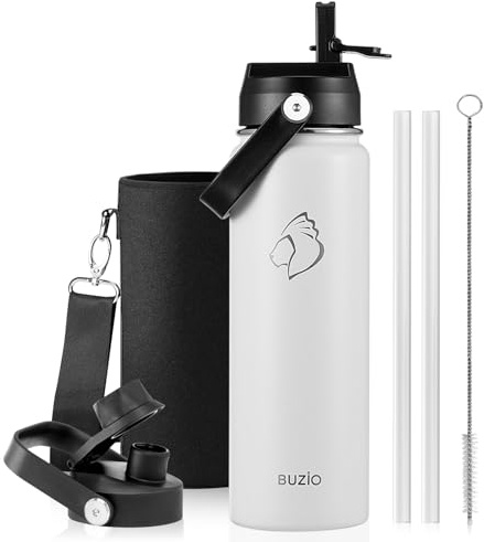 BUZIO Insulated Water Bottle 0.7L Stainless Steel with Straw & Spout Lid | Metal Water Bottle Keeps Cold 48 Hrs Hot 24 Hrs with Strap, Leakproof Drink Bottles, BPA-Free, for Gym, Travel, Sports