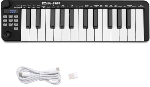 Mini MIDI Keyboard, 25 Key MIDI Controller for Beginner with Dual-Channel Keyboard, Knob, Joystick, Built-in MIDI Clock, LED Display