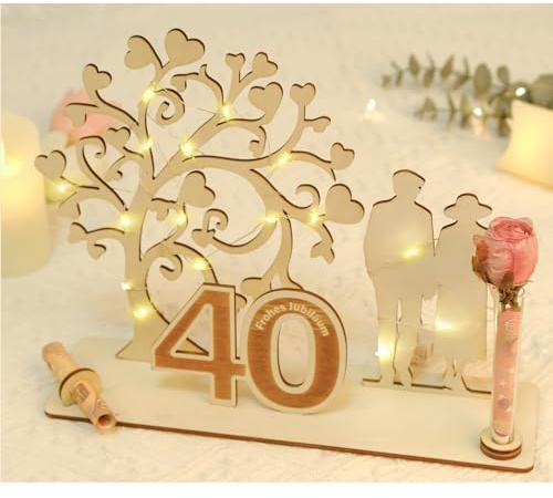 ARTREE Holz Geldgeschenk 40 Jahre Ehe – Rubinhochzeit Deko mit Herzbaum & LED – Geschenkidee zum 40. Hochzeitstag