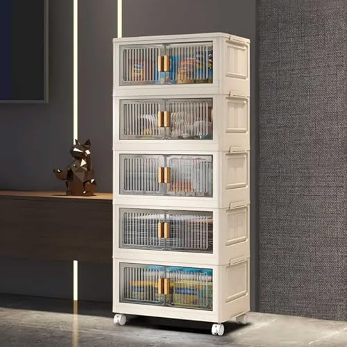 5 Tier Storage Boxes on Wheels, Plastic Storage Drawers with Lid and Doors Stackable cabinet Containers with Wheels for Bedroom Living Room Study Office