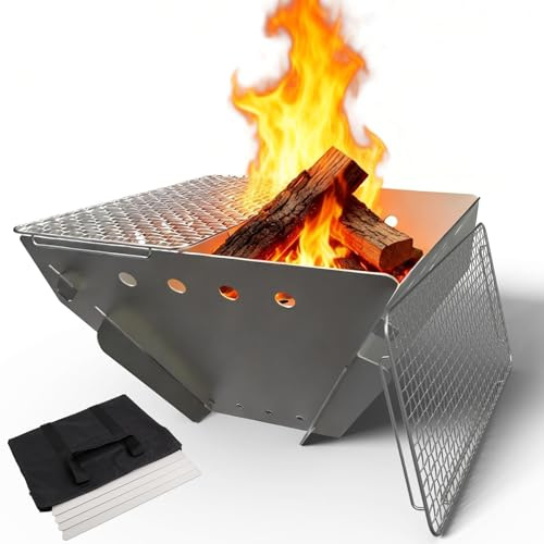 CROSSHIP Edelstahl Feuerstelle für Camping, Faltbare Feuerstelle für den Außenbereich, 2-4 Personen Tragbare Feuerstelle, werkzeuglose Montage, Terrasse, Lagerfeuer, Picknick und BBQ mit Grillnetz