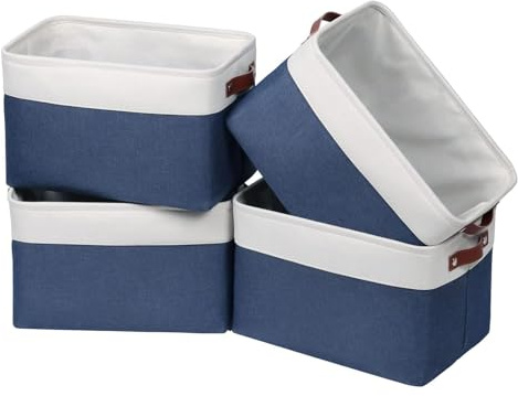 Syeeiex 4-Pack Fabric Storage Basket, Large Baskets with Leather Handles | Storage Boxes for Shelves, Foldable Baskets for Organizing Toys, Clothes, Office (White/Blue)