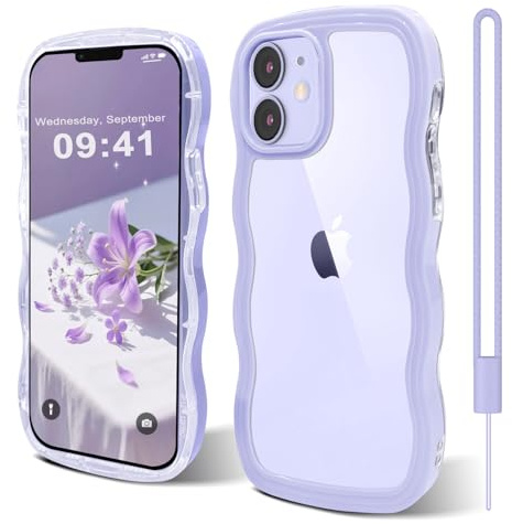 Andwing für iPhone 12/12 Pro hülle 6,1 Zoll Lila | niedlicher Wellenrahmen,lockige Form,stoßfeste harte PC-Telefonabdeckung für Frauen und Mädchen