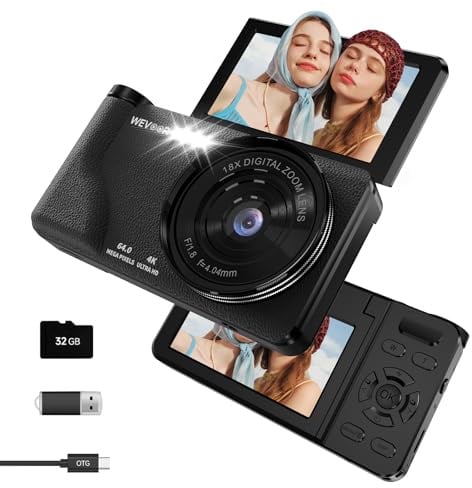 Macchina Fotografica Digitale 4K 64MP, Schermo Ribaltabile a 180° e 3” | Fotocamera Compatta, 32GB Memoria, Zoom Digitale 18x, Batteria da 2000 mAh, Principianti Adolescen Bambini - Nero