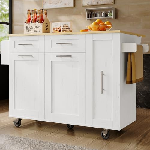 ZYLOYAL10 Moderne Kücheninsel, Küchenschrank, buffetschrank, Speisewagen mit Holzmaserung, Multifunktionale Esstisch mit Speicherraum, Speisewagen mit Snackregalen und Stretchfunktionsschränken,weiß