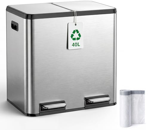 Kitchen Bin,40L Dual Rubbish Bin,2 x 20L Stainless Steel Pedal Bin,Double Bin Recycling with Soft-Close Lids and Plastic Inner Buckets,Fingerprint Proof,Odour Seal,Large Capacity,Space Silver