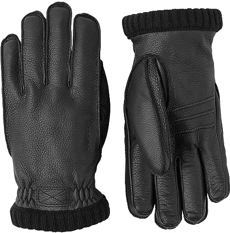 Hestra Mens Leather Work Gloves: Deerskin Primaloft Rib Winter Gloves, Black, 10